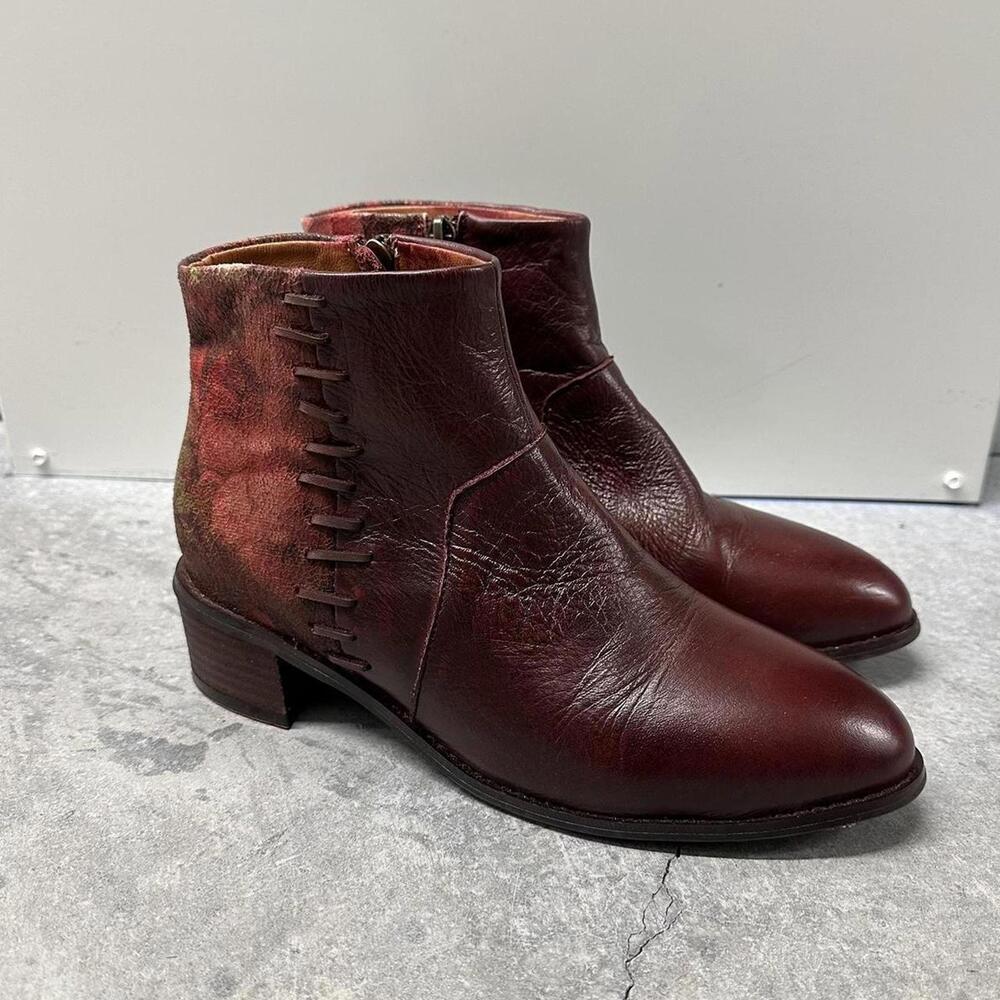 Spring Step L'Artiste Burgundy Leather Floral Ankle Boots - Picture 2 of 6